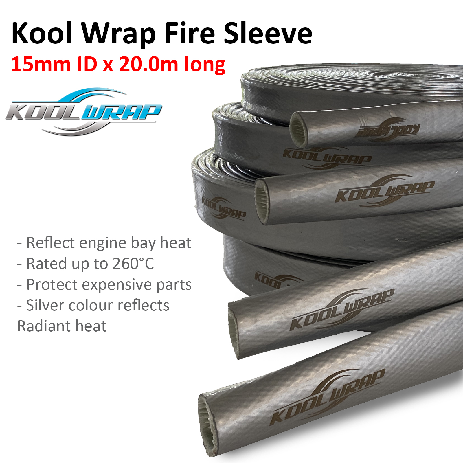 Kool Wrap Silicone Coated Heat Resistant Fire Sleeve 15mm x 20mID logo